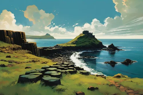 giants causeway in northern ireland on a sunny day looking toward the island,coastal landscape,an island far away landscape,sea stack,cliffs ocean,cliffs,isle of skye,isle of may,ireland,orkney island