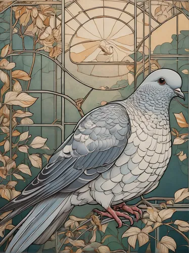 an ornamental bird,ornamental bird,victoria crown pigeon,turtledove,turtledoves,doves of peace,plumed-pigeon,silver seagull,dove of peace,doves and pigeons,bird painting,crown pigeon,passenger pigeon,white pigeon,turtle dove,white grey pigeon,peace dove,aztec gull,decoration bird,white pigeons,Illustration,Japanese style,Japanese Style 15