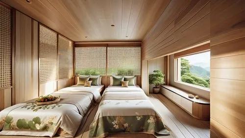 This design shows the spring Japanese style hot spring hotel that combines Japanese style with Puli culture. It mainly uses teak wood and milk tea tones to create a warm, tranquil and elegant atmosphe