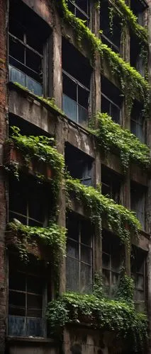 scampia,row of windows,abandoned building,kowloon city,dilapidated building,overgrowth,old windows,dereliction,powai,block of flats,ghatkopar,tenement,apartment block,luxury decay,tenements,green plants,apartment building,old factory building,industrial ruin,block balcony,Art,Classical Oil Painting,Classical Oil Painting 35