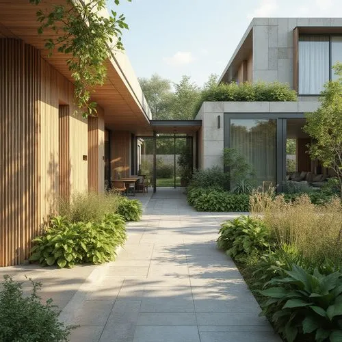 Sustainable building design, eco-friendly materials, natural textures, wooden accents, reclaimed wood, low-carbon concrete, energy-efficient systems, solar panels, green roofs, living walls, rainwater