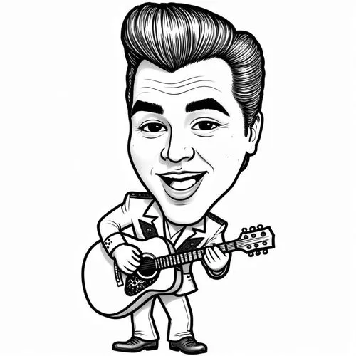 pencil drawing style  Julius Leblanc Stewart Caricature style drawing of a celebrity, big head, small body, exaggerated facial expressions. A 3D animated character resembling Elvis Presley, wearing a 