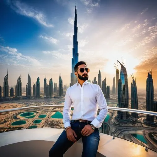 Male photographer, 30s, Arabic features, short black hair, trimmed beard, sunglasses, casual white shirt, dark jeans, brown boots, camera equipment, Dubai cityscape, skyscraper, Burj Khalifa, modern a