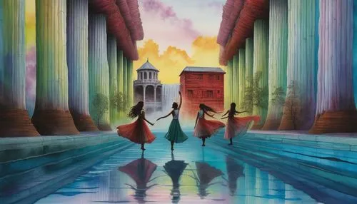 egyptian temple,dubbeldam,fantasy picture,hockney,art deco background,rainbow bridge,Illustration,Realistic Fantasy,Realistic Fantasy 25