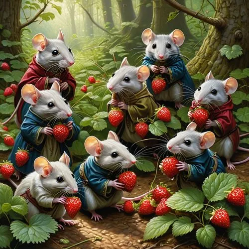 palmice,vintage mice,woodrats,rowanberries,mice,opossums,Illustration,Realistic Fantasy,Realistic Fantasy 03