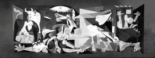 nativity,oryx,abstract cartoon art,paper art,torn paper,white figures,the manger,mural,man and horses,captivity,theater curtain,braque francais,stage curtain,grayscale,wall painting,nativity scene,the