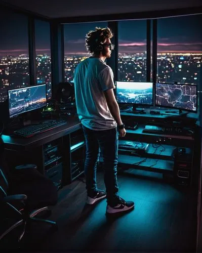 above the city,skydeck,computer room,oculus,dj,cyberview,skyloft,vertigo,overlooking,skyscraping,city lights,sky city tower view,sky apartment,city view,the server room,virtual world,vr,simulator,trading floor,simulators,Illustration,Black and White,Black and White 12