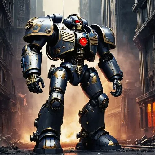 Warhammer 40k, Space Marines, Dreadnought, mech suit, imposing, powerful, mechanical legs, bulky torso, ornate armor, golden trim, red lenses, skull-like helmet, iconic wings on shoulder pads, battle-