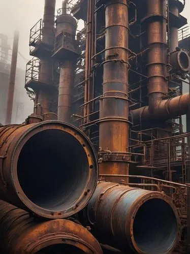 Industrial pipes, metallic material, cylindrical structure, rusted surface, worn-out details, valves and joints, urban background, factory setting, warm lighting, cinematic composition, low-angle shot