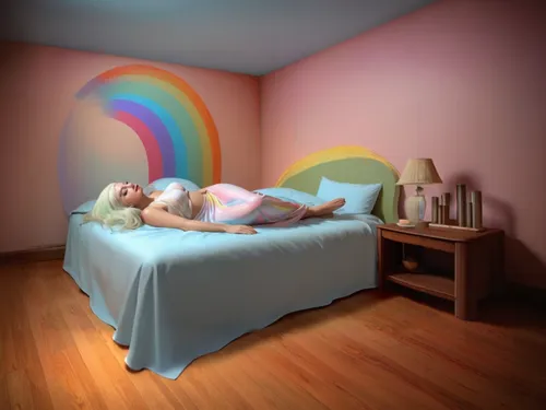 Extender y completar la imagen,the little girl's room,children's bedroom,sleeping room,digital compositing,self hypnosis,optical ilusion,conceptual photography,visual effect lighting,woman on bed,baby