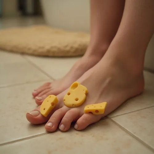 A photo of a person's foot with oddly shaped toenails that resemble cheese. The cheese have skin and eyes. The toenails
are large and round, with a few smaller ones in between. The foot is clean and t