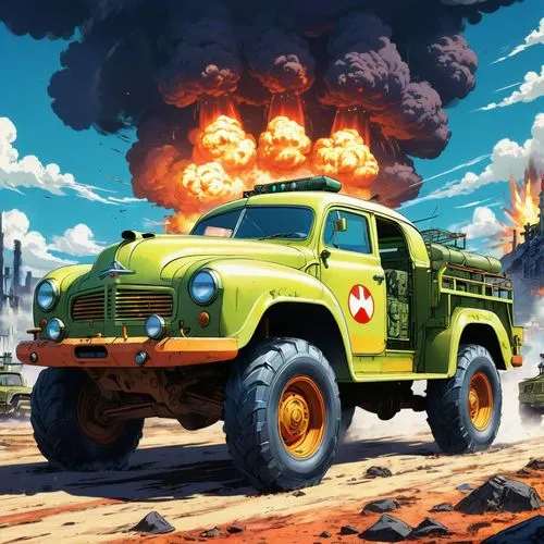 fireforce,bomberos,fire truck,uaz,cartoon car,firetruck,Illustration,Japanese style,Japanese Style 03