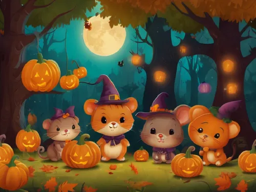 a group of mice sitting next to each other,halloween wallpaper,halloween background,halloween illustration,halloween owls,halloween scene,fall animals