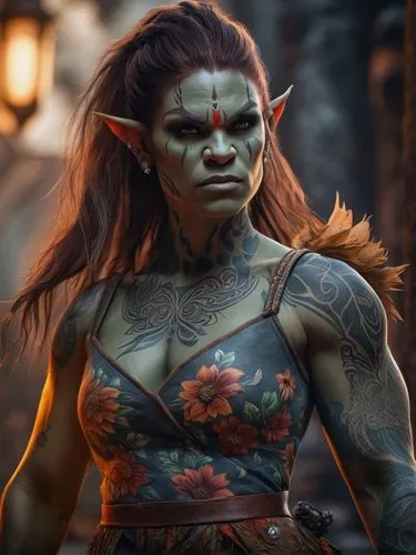 a grey-skinned muscular female orc warrior with brown hair, and tattoos, wearing a floral dress,orc,female warrior,half orc,warrior woman,warrior and orc,jaya,strong woman,goki,warrior east,lopushok,s