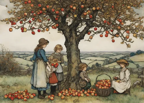 Create a heartwarming story about a family picking apples together during a sunny autumn day.,girl picking apples,kate greenaway,apple harvest,apple tree,cart of apples,apple trees,picking apple,baske