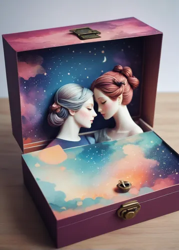 Craft a romantic tale where a box TV becomes a symbol of love and connection between two long-distance lovers.,card box,tea box,wooden box,music box,giftbox,gift box,musical box,gift boxes,watercolor 