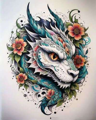 white backgroud tattoo art the image depicts a stylized, tribal-inspired pattern featuring a cute dragon face surrounded by swirling floral motifs.,painted dragon,dragon design,dragon,mandala flower i