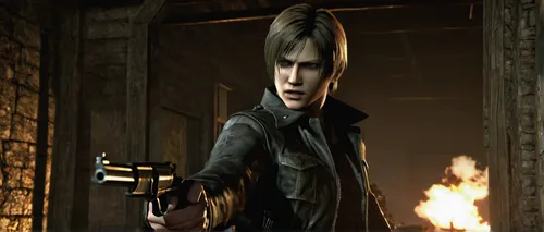 survival horror, Resident Evil 4, protagonist Leon S. Kennedy, aiming weapon, intense expression, combat stance, zombies, Ganados, dark atmosphere, eerie village, decrepit structures, overcast sky, ac