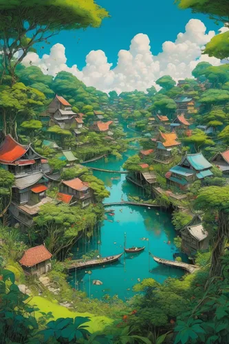 studio ghibli,vietnam,japan landscape,fishing village,escher village,villages,amano,shirakami-sanchi,popeye village,tsukemono,idyllic,vietnam's,hanoi,aurora village,floating islands,korean folk village,resort town,kyoto,floating huts,mountain village,Conceptual Art,Graffiti Art,Graffiti Art 05