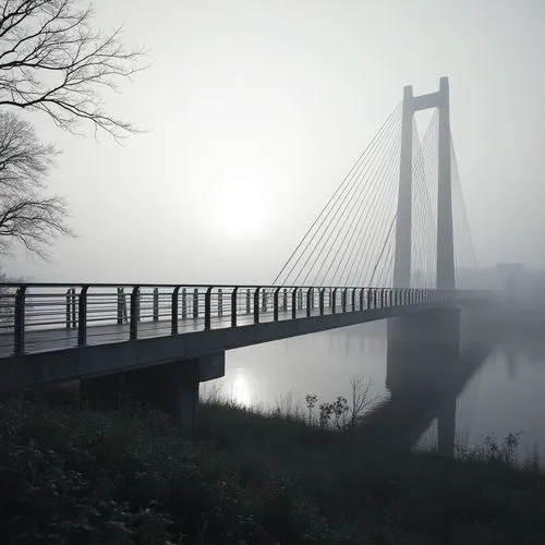 Minimalist pedestrian bridge, sleek steel beams, simple suspension cables, clean-lined railings, polished concrete piers, subtle LED lighting, misty morning atmosphere, serene riverbank surroundings, 