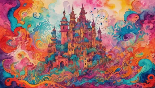 Imagine an ancient castle nestled in the fog, brought to life with the deep richness of Tusche Indian ink.,disney castle,cinderella's castle,shanghai disney,fairy tale castle,cinderella castle,tokyo d