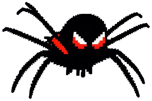 Pixel art spider, small size, 8-bit style, colorful, shiny eyes, tiny fangs, black body, red hourglass shape on belly, eight legs, detailed leg joints, web-spinning action, close-up shot, low-angle vi