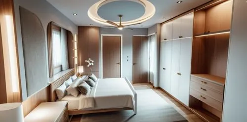 Bedroom with modern interior, decorative modern false ceiling, 4 door wardrobes opposite bed, wall art with lights and the door facing the camera leading into the bathroom and another next to the ward