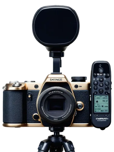 Digital camera, remote control, sleek design, metallic body, lens cap, adjustable tripod, HD screen, function buttons, ergonomic grip, flash light, battery indicator, 3/4 composition, shallow depth of