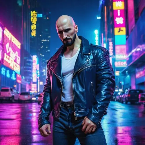 Voldy, muscular man, 30s, short black hair, beard, intense eyes, strong facial features, leather jacket, white shirt, dark blue jeans, boots, standing, confident posture, city street, skyscraper, nigh