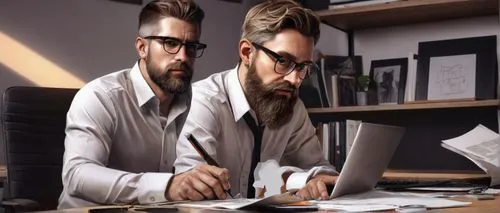 Software architect, male, 35yo, short hair, glasses, beard, white shirt, black trousers, sitting, desk, office, laptop, papers, pens, coffee cup, bookshelf, modern interior design, warm lighting, soft