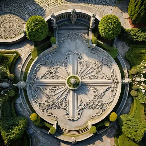 Landscape Concrete bench in Baroque style,sun dial,sundial,parterre,palace garden,garden of the fountain,botanique,flower clock,circular ornament,herrenhausen,versaille,decorative fountains,lustgarten