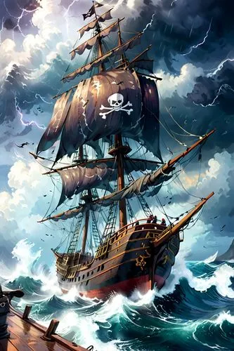 galleon,maelstrom,sea storm,sea sailing ship,pirate ship,caravel,Anime,Anime,Traditional