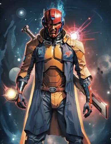 bounty hunter with a long trench coat. he is wearing a t shirt with belt and trousers. 

futuristic mechanical neck brace

helmet fully covers the face and the shape of the contours the shape of the f