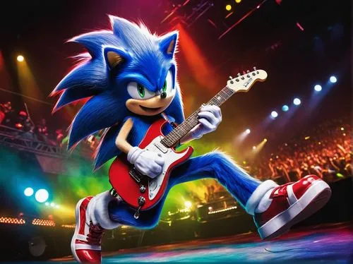 Sonic the Hedgehog, blue spikes, green eyes, iconic smile, white gloves, red shoes, electric guitar, colorful straps, shredding solo, rockstar pose, dynamic movement, vibrant colors, spotlight shine, 