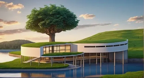 house with lake,modern house,floating island,house by the water,modern architecture,mid century house,floating islands,dunes house,cube house,3d rendering,pool house,artificial island,eco-construction,houseboat,model house,beautiful home,mid century modern,luxury property,cube stilt houses,futuristic architecture,Photography,General,Realistic