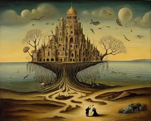 I'm ready to help. What is the keyword or brief description you'd like me to generate a prompt for?,surrealism,fantasy picture,fantasy art,surrealistic,el salvador dali,tower of babel,dali,burning man