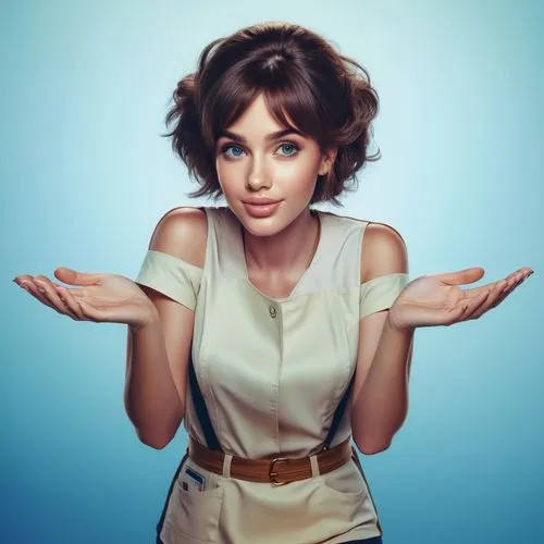 American style drawing, brunette, nurse, gesture face, head, big lips, big eyes, big smile,a woman posing with her hands in front of her chest,milioti,pixie,totah,birce akalay,kangna,audrey,Illustrati