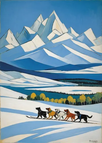 dog sled,sled dog racing,skijoring,mushing,sled dog,winter animals,yukon territory,mountain scene,moraine,tamaskan dog,utonagan,tibet terrier,pamir,animals hunting,siberian,canis lupus,animal migration,snowy mountains,snow scene,denali,Art,Artistic Painting,Artistic Painting 05