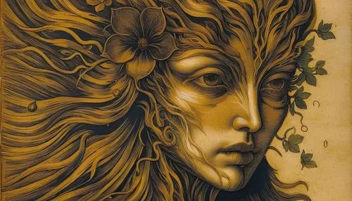 dryad,gold paint stroke,carved wood,gold filigree,wood carving,gold paint strokes,gold leaf,woodcut,gold foil art,medusa,golden leaf,art nouveau,golden crown,wood art,golden mask,gold foil tree of life,gold leaves,art nouveau design,mucha,amano,Art,Classical Oil Painting,Classical Oil Painting 03