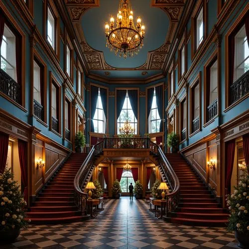 Majestic buildings, Prussian blue fa\u00e7ades, gold accents, ornate details, Baroque architecture, grandiose entranceways, sweeping staircases, luxurious chandeliers, rich wood paneling, velvet drape