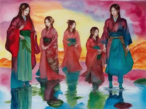 An amazing nude japanese young woman  with red lips and green eyes,a painting of five asian girls in a brightly colored scene,hanfu,chuseok,hanbok,demoiselles,hwarang,goryeo,Illustration,Japanese styl