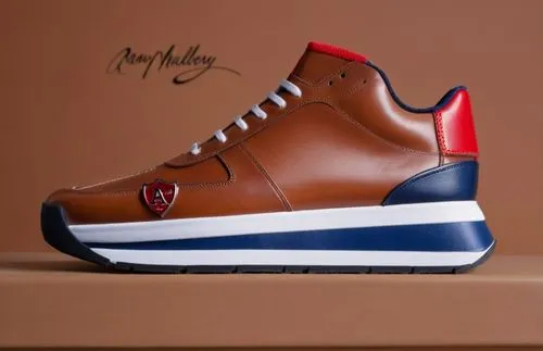 Camel brown leather sneaker,  black leather heel cap, red collar trim, silver shield emblem with "A" logo, white sole with red and navy color trim,Custom leather sneaker ,mcnairy,mashburn,canadien roc