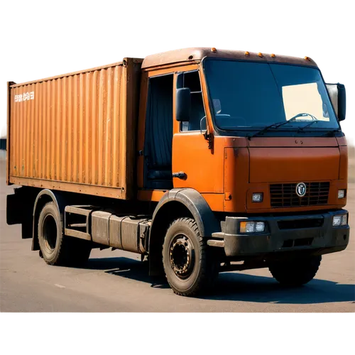 Transport truck, passive pose, solo, rusty metal body, worn-out tires, faded company logo, cargo container, open doors, morning sunlight, soft shadows, 3/4 composition, shallow depth of field, warm co