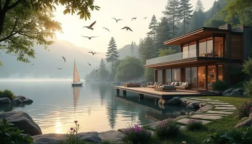 house by the water,house with lake,floating huts,summer cottage,summer house,beautiful home,dreamhouse,idyllic,houseboat,seclude,home landscape,the cabin in the mountains,floating over lake,houseboats,tranquility,forest house,secluded,house in the forest,boat house,pool house,Photography,General,Realistic