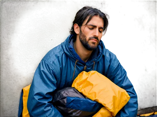 Homeless person, worn-out clothes, dirty face, messy hair, rugged beard, tired eyes, sleeping bag, cardboard box, urban street, rainy day, dim lighting, shallow depth of field, cinematic composition, 