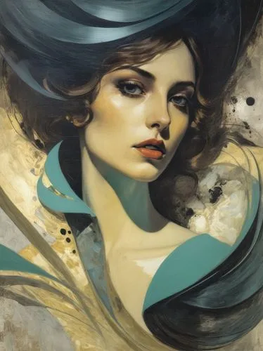 an artistic painting of a woman with big hair,domergue,transistor,viveros,amphitrite,art deco woman,etty