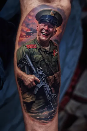 Craft a humorous scenario where a marine accidentally gets a funny USMC tattoo. Show how they embrace the unexpected with laughter.,vietnam veteran,red army rifleman,usmc,marine corps,vladimir,united 