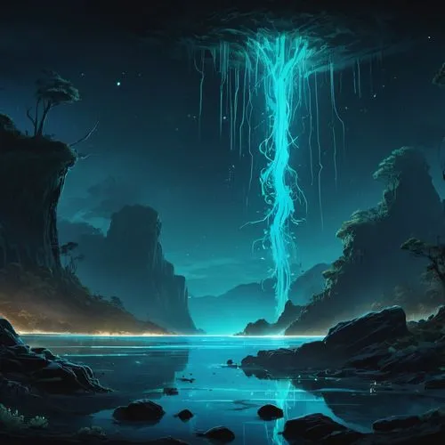 bioluminescent,fantasy picture,fantasy landscape,bioluminescence,beautiful wallpaper,cartoon video game background,Conceptual Art,Fantasy,Fantasy 02