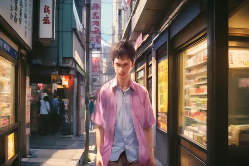 shinjuku,anime japanese clothing,2d,noodle image,pedestrian,evangelion eva 00 unit,a pedestrian,man in pink,anime 3d,evangelion,tokyo,evangelion unit-02,walking man,tokyo city,lupin,convenience store,