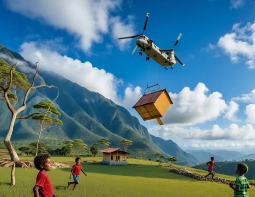 make this into a school being delIvered by a helicopter in a metal box 
to an aeta community
A school for the indigenous children
in a mountain setting HAPPY, AMAZED EXCITED 
aeta kids running around 